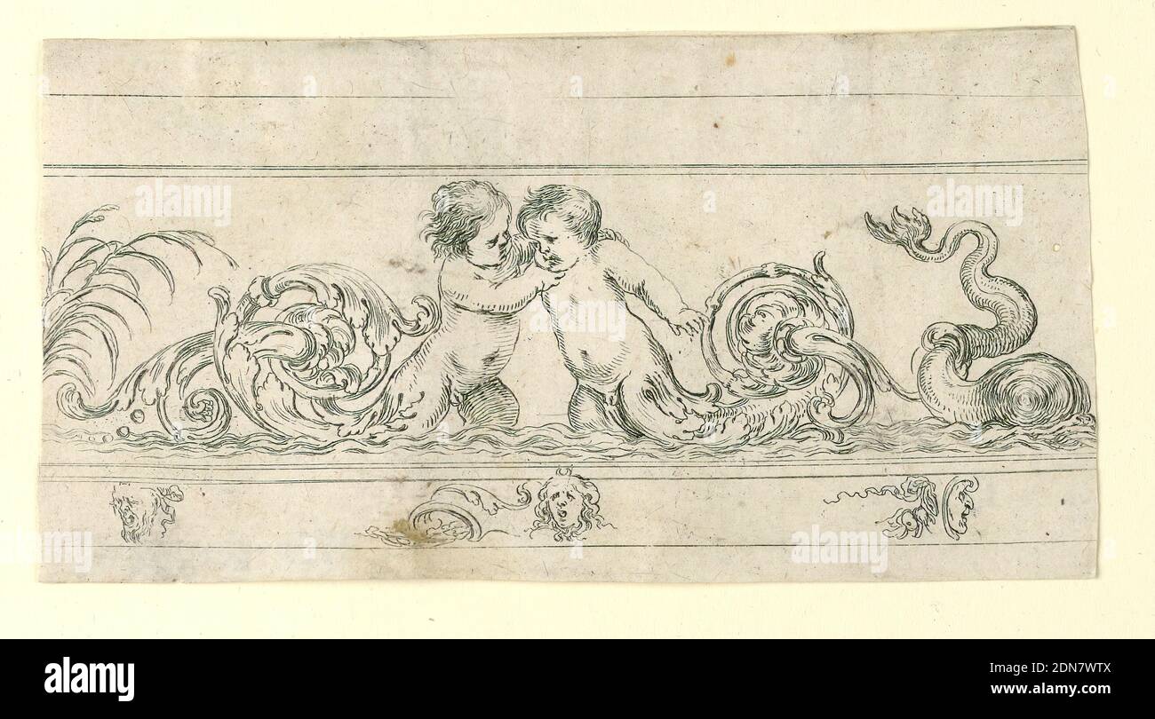 Assiette de Frise, Feuillages et Grotesques (frises, feuillages et Grotesques), Stefano della Bella, italien, 1610–1664, Jacques Van Merle, flamand, 1616 - 1682, Etching sur papier coulé, rectangle horizontal montrant une frise avec deux putto dont les jambes se terminent par des acanthus arabesques. Ci-dessous, trois masques., Italie, ca. 1645, ornement, Imprimer Banque D'Images
