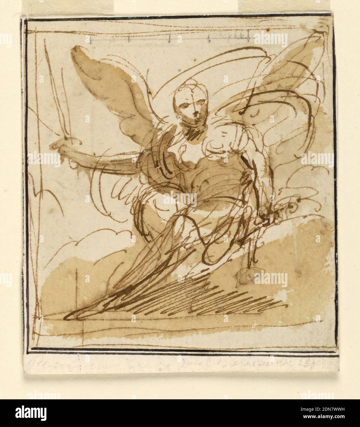 Croquis pour une peinture murale, Giuseppe Bernardino Bison, italien, 1762 - 1844, stylo et encre, pinceau et bistre sur papier, UNE femme assise, levant le bras droit avec une épée., Italie, début du XIXe siècle, intérieurs, dessin Banque D'Images