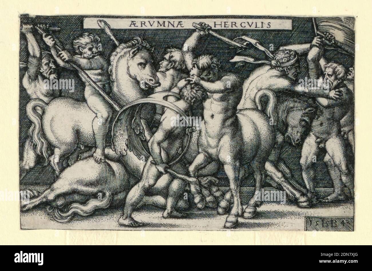 Hercules Fighting the Centaures, Hans Sebald Beham, allemand, 1500–1550, gravure sur papier blanc cassé, 1542–48, figures, imprimé Banque D'Images