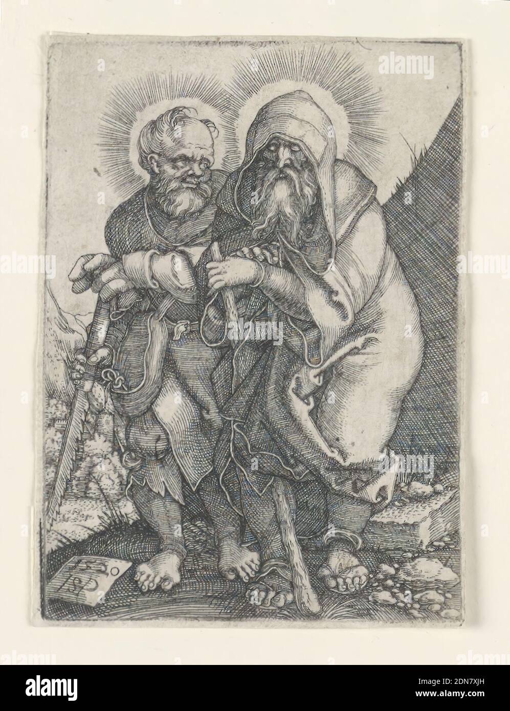 Saint Simon et Saint Thaddeus, Hans Sebald Beham, allemand, 1500–1550, gravure sur papier ponté, figures de deux apôtres en marche vers la gauche. Saint Simon, à gauche, porte une scie. Saint Thaddeus, à droite, porte un club., Allemagne, 1520, figures, Imprimer Banque D'Images