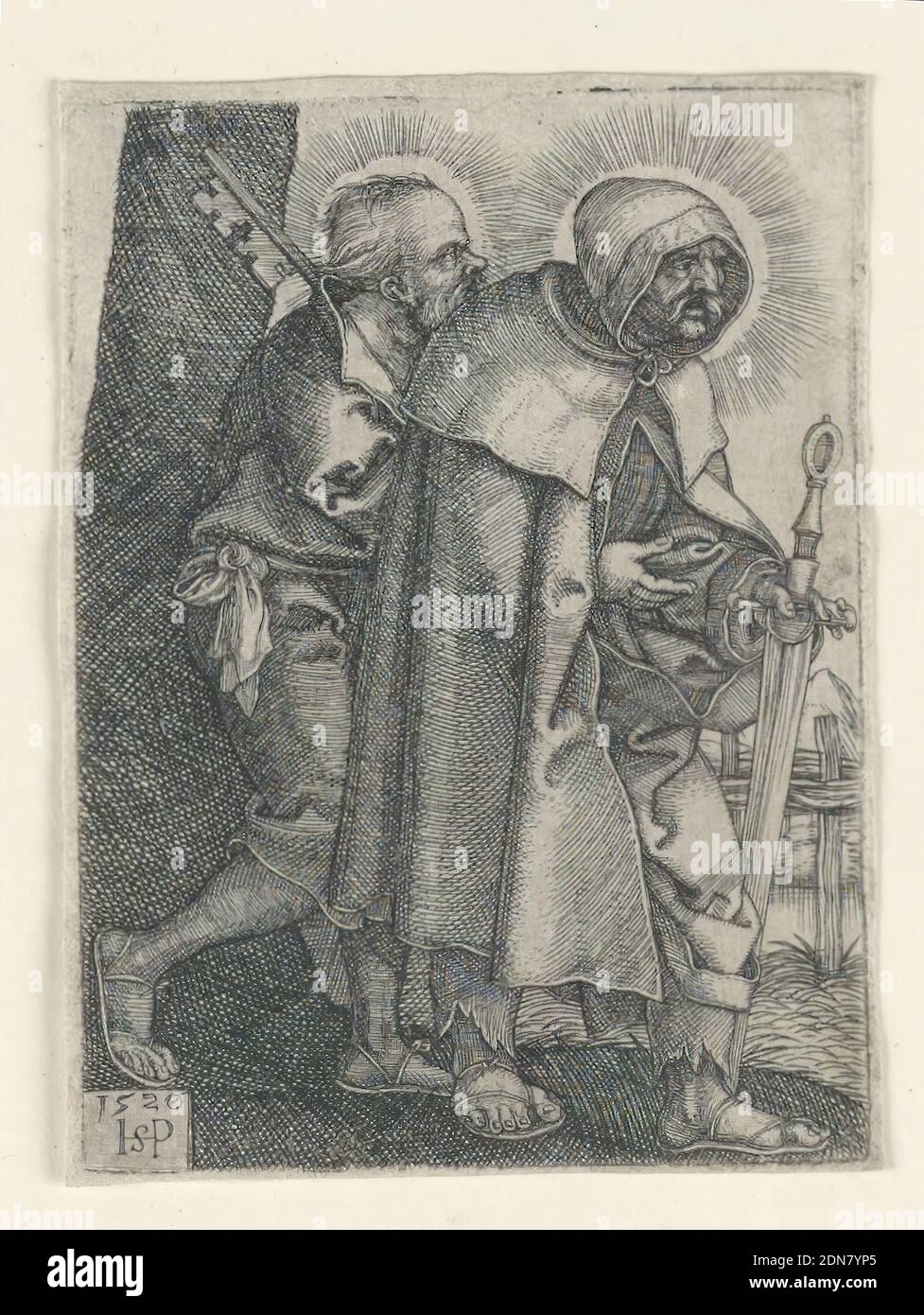 Saint Pierre et Saint Paul, Hans Sebald Beham, allemand, 1500–1550, gravure sur papier ponté, les deux apôtres marchent vers la droite, l'un portant une grande clé à gauche (Saint Pierre), l'autre une épée (Saint Paul). Indications d'une clôture en bois et d'un paysage montagneux en arrière-plan., Allemagne, 1520, figures, Imprimer Banque D'Images