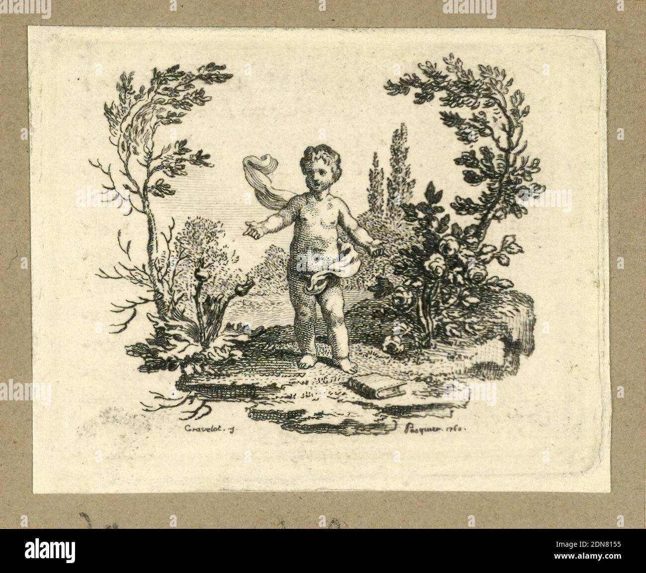 Un garçon debout entre une usine de Thistle et une Rose Bush, Gravelot, français, 1699 - 1773, actif en Angleterre, Jacques Jean Pasquier, français, décédé en 1785, Etching sur papier, France, 1760, imprimé Banque D'Images