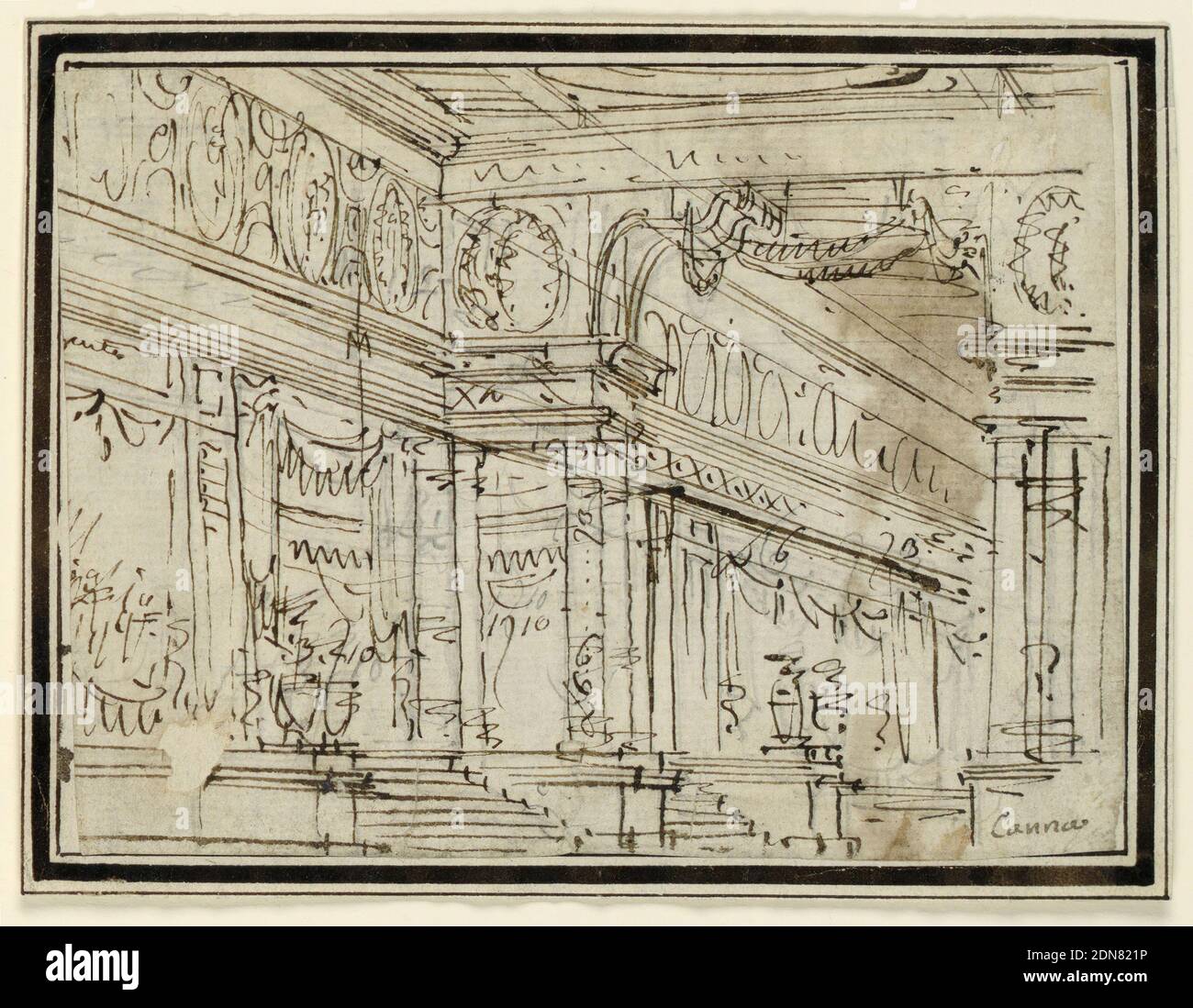 Scène Design: Palace Interior, Pasquale Canna, Italien, actif du 18ème siècle, stylo et encre brune, graphite sur papier, vue dans la salle décorée dans l'antique façon, esquissée grossièrement., Italie, début du 18ème siècle, dessin Banque D'Images