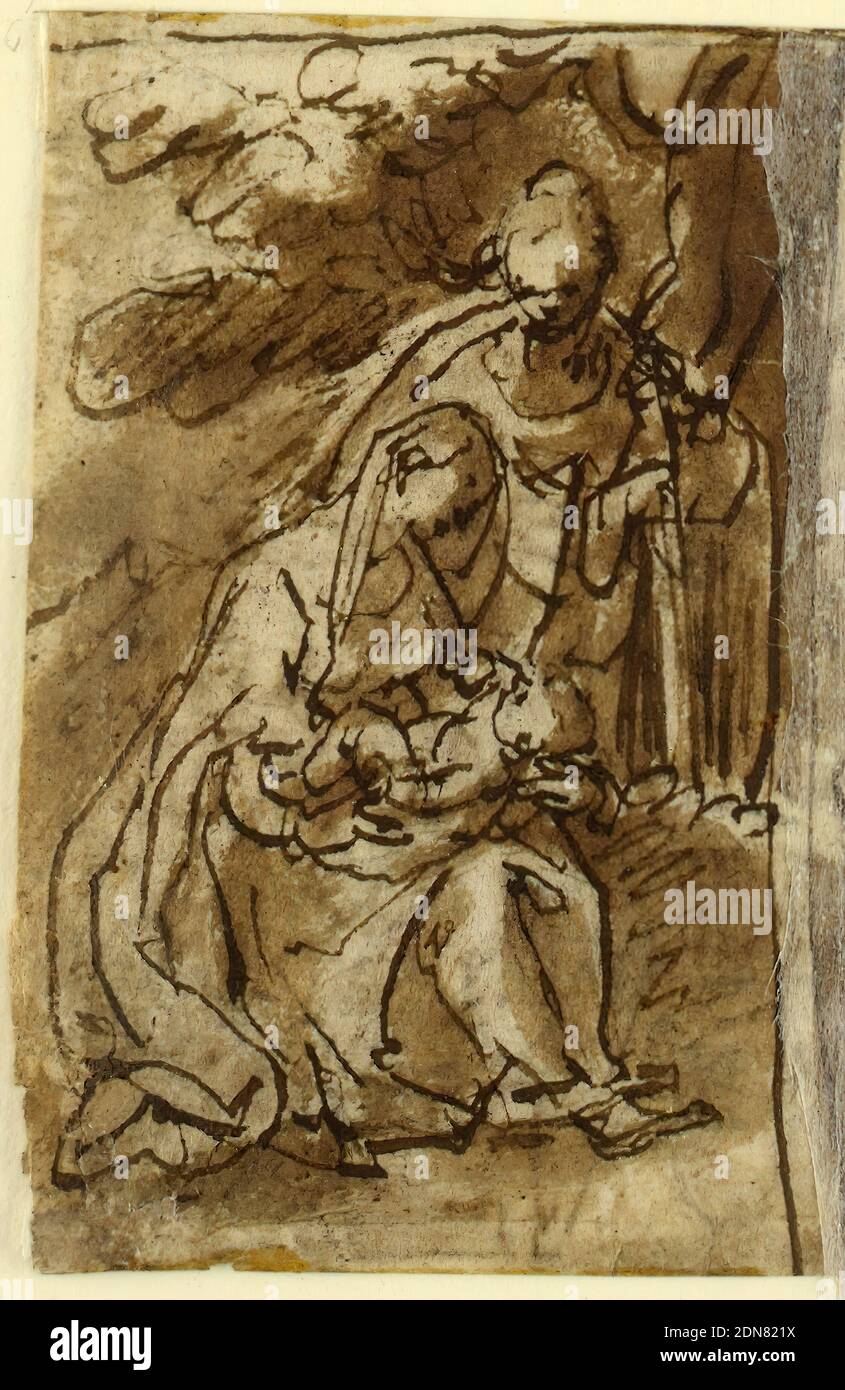 Demi-page d'un carnet d'esquisse; Vierge à l'enfant avec Joseph, Jan van der Straet, appelé Stradanus, flamand, 1523–1605, encre brune et lavage sur papier, Vierge à l'enfant assis contre un mur. Joseph debout à côté d'eux. Recto: Moitié gauche d'une scène, peut-être Salome avec la tête de Jean-Baptiste., pays-Bas, ca. 1590, figures, dessin Banque D'Images
