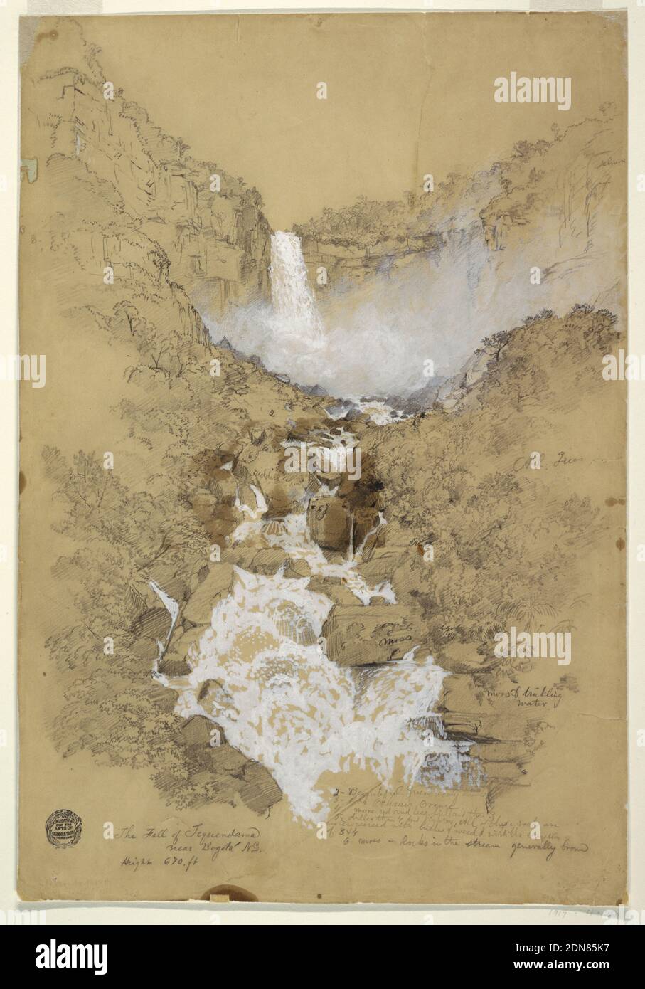 Chutes Tequendama près de Bogotá, Colombie, église Frederic Edwin, américaine, 1826–1900, graphite, gouache et blanc sur papier vélin de bouf, coulant, vue de la rivière en cascade sur une longue et précipitée descente dans une série de cascades. Les arbres et les plantes poussent à partir de roches et de rochers entourant l'eau blanche qui se précipite. Notes de couleur et de description tout au long., juillet 1853, paysages, dessin Banque D'Images