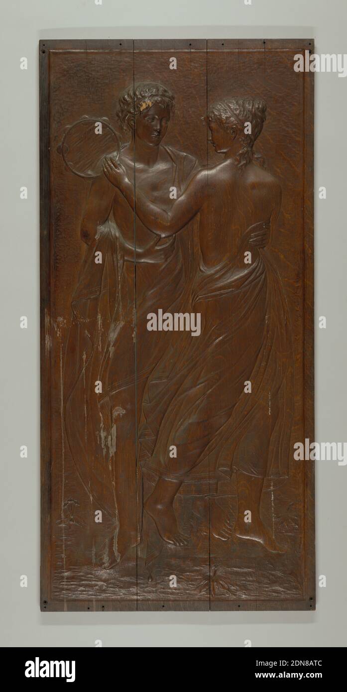 Panneau, deux grands panneaux de porte sculptés. En une seule pièce, avec contour relevé Uni. Sculptés en relief, chacun avec deux figurines féminines en costume classique légèrement drapé. -a: Montre une femme avec des tuyaux en roseau et une autre avec un lyre; -b: Montre une femme avec tamborine, et une autre sans instrument de musique., USA, ca. 1890, architecture, Arts décoratifs, panneau Banque D'Images