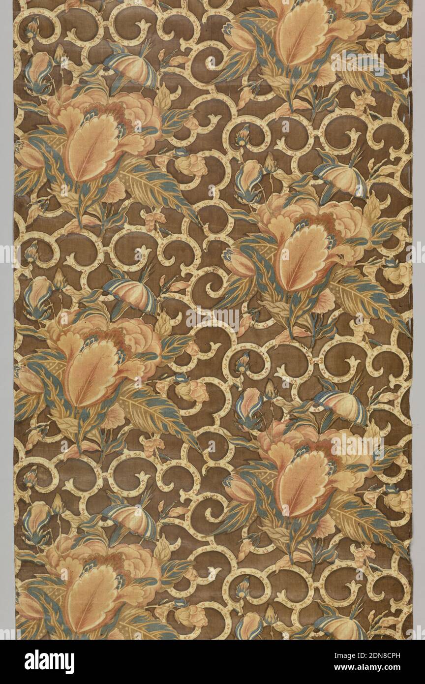 Textile, Moyen : coton technique : rouleau et bloc imprimé, demi-goutte répétition d'un groupe de fleurs très pleines superposées sur une vigne à défilement sur un sol brun., États-Unis, 1830–1850, textile imprimé, teint et peint, textile Banque D'Images