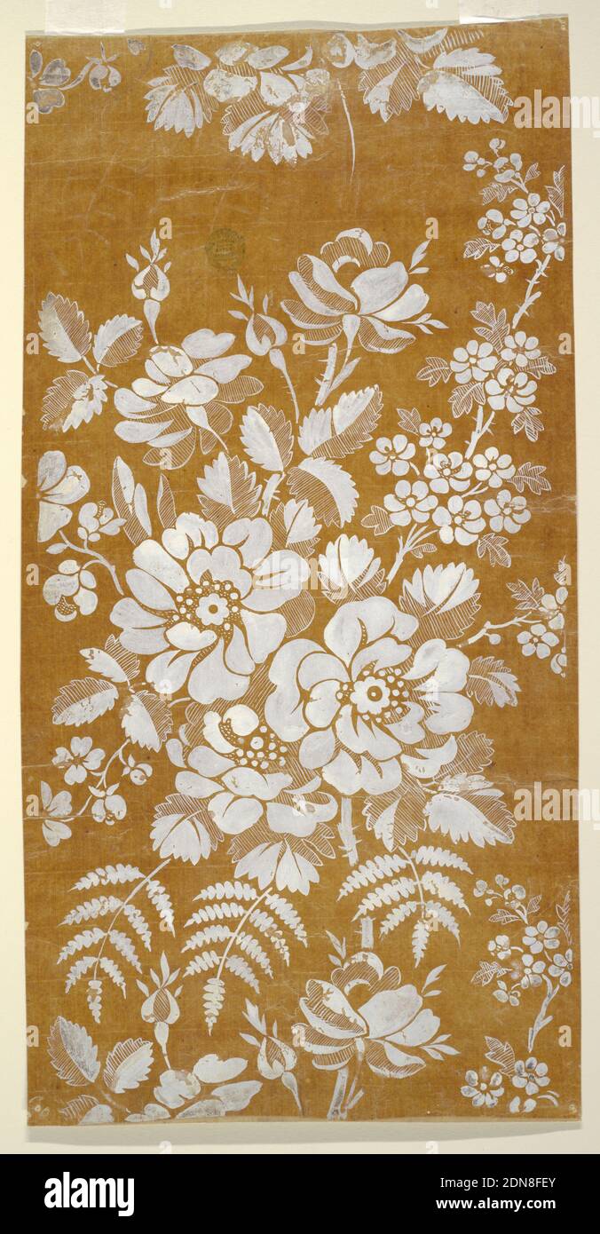 Design pour un tissu de la fabrique de Saint RUF, fabrique de Saint RUF, Lyon, France, Brush et gouache blanc sur papier à tracer glacé, UN gouough rose partiellement naturaliste partiellement stylisé avec des fleurs et des feuilles forme des rangées verticales. Un peu plus d'une répétition est montrée., France, 1815-1840, dessin Banque D'Images
