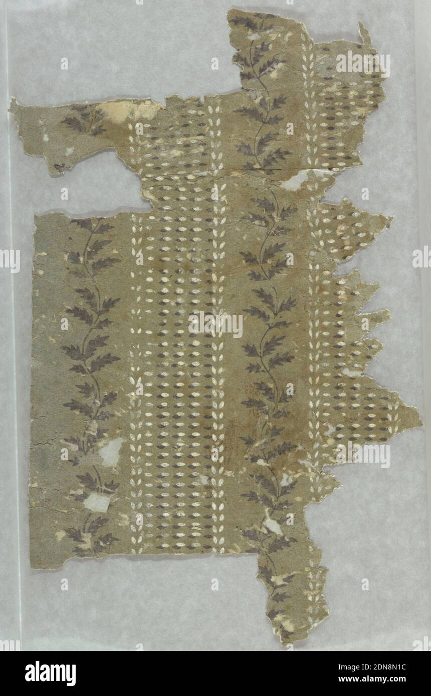Flanc, imprimé en bloc sur du papier fait à la main, bandes alternées de feuillage noir et de points noirs et blancs., États-Unis, 1800–1825, revêtements muraux, flanc Banque D'Images