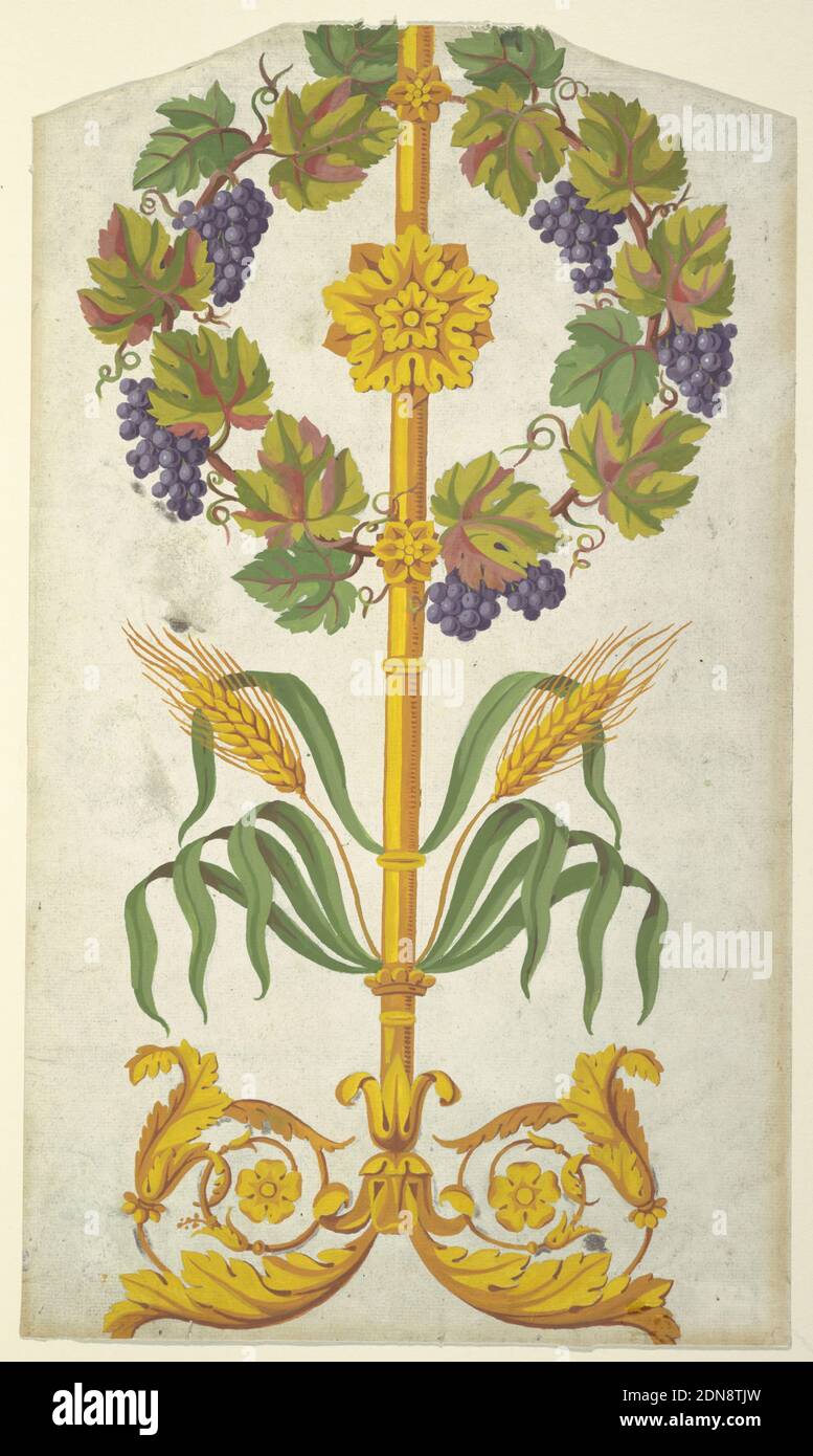 Conception pour un tissu tissé, Graphite, pinceau et jaune, beige, vert, lilas, rose et rouge sur papier, UN poteau métallique s'élève d'un calice qui est soutenu par deux spirales acanthus. Le pôle est entouré d'anneaux. Les feuilles et les deux oreilles de grain poussent à partir de lui dans la partie laoère. Une couronne de vigne est appliquée par rosettes sur la partie supérieure, une grande rosette au centre de la couronne., France, ca. 1810, dessin Banque D'Images