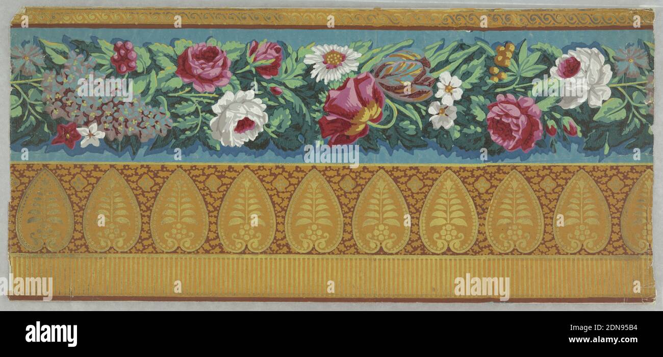 Bordure, imprimé en bloc sur du papier fait à la main, rectangle horizontal. En haut, motif feuilles en forme de cœur jaune neutre sur terrain rouge-orange neutre. Ci-dessous, chaîne de fleurs et feuillage. Imprimé en blanc, orange, rouge, violet et vert sur un champ bleu., France, 1805–15, revêtements muraux, Border Banque D'Images
