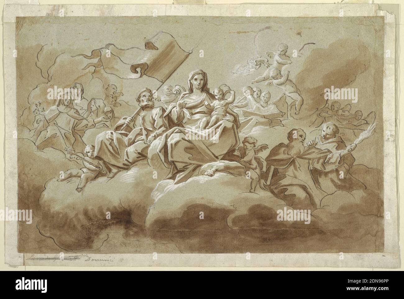 La Vierge à l'enfant entourée de saints, Antonio de' Dominici, italien, ca. 1730–après 1800, stylo et encre brune, pinceau et lavage, gouache blanc sur papier bleu-gris; verso : crayon noir, pinceau et gouache blanc, rectangle horizontal. Assis dans des nuages, entouré d'anges, Saint Joseph est assis à côté de la Vierge Marie, portant un standard. Marie tient le Christ Christ. Autour d'eux sont des figures et des chérubins assis sur des nuages. Verso: Une étude, à peu près esquissée de crayon noir avec gouache blanc, de la partie supérieure d'un homme avec des bras étirés en profil, tourné vers la droite., Naples, Italie Banque D'Images