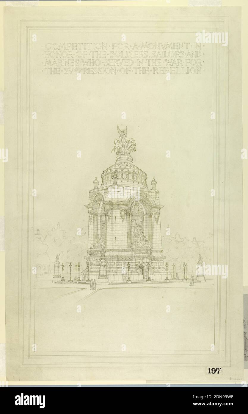 Monument en l'honneur des soldats, marins, et marins, stylo et encre noire, pinceau et laver sur papier, conception pour un monument avec grand thème équestre au sommet. EN MARGE SUPÉRIEURE: COMPÉTITION POUR UN MONUMENT EN / L'HONNEUR DES SOLDATS MARINS ET / MARINES QUI ONT SERVI DANS LA GUERRE POUR / LA RÉPRESSION DE LA RÉBELLION. En bas à droite : 197., États-Unis, 1910–20, architecture, dessin Banque D'Images