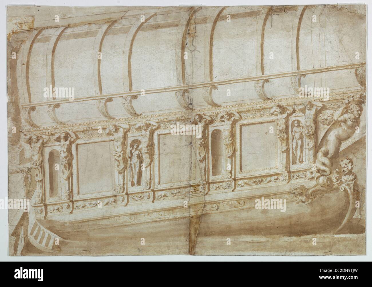 Navire, stylo et encre brune, lavage brun support: Papier blanc couté, posé, Gênes, Italie, Italie, ca. 1600, dessin Banque D'Images