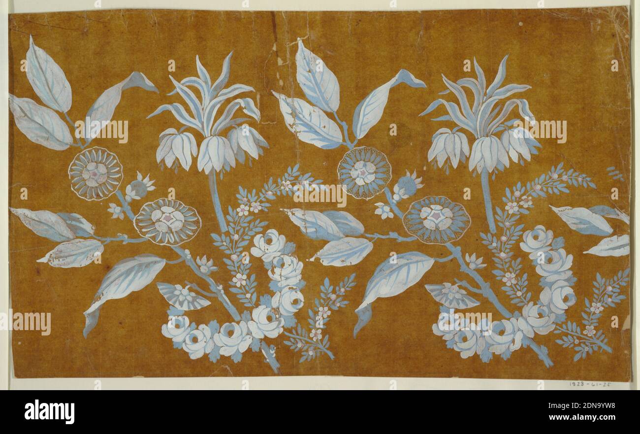 Design pour une broderie ou un tissu tissé, de la fabrique de Saint RUF, fabrique de Saint RUF, Lyon, France, Brush et gouache sur papier de traçage glacé, les répétitions, un peu plus de deux qui sont montrés, Se compose de trois creux de fleurs qui sont entourés d'une guirlande de roses et obliquement illustré., France, 1800-1815, dessin Banque D'Images