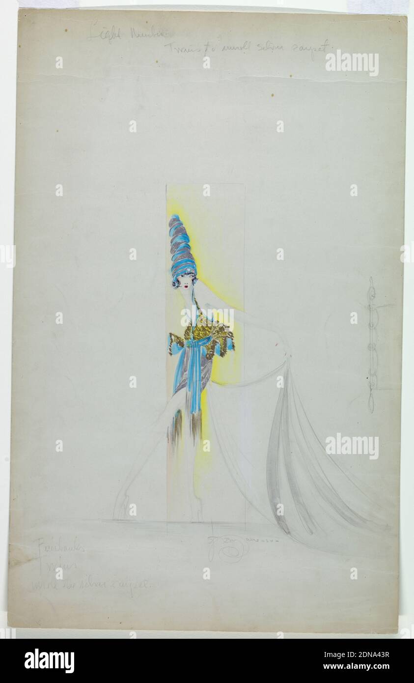 Conception de costumes : Fairbanks Twins, pour Ziegfeld Follies de 1920, Charles Lemaire, américain, 1897–1985, pinceau et aquarelle, peinture or et argent, graphite sur papier lourd, rectangle vertical. Femme debout sur fond jaune rectangulaire portant un grand turban bleu et argent et un petit costume, tenant le train dans sa main gauche., USA, 1920, théâtre, dessin Banque D'Images