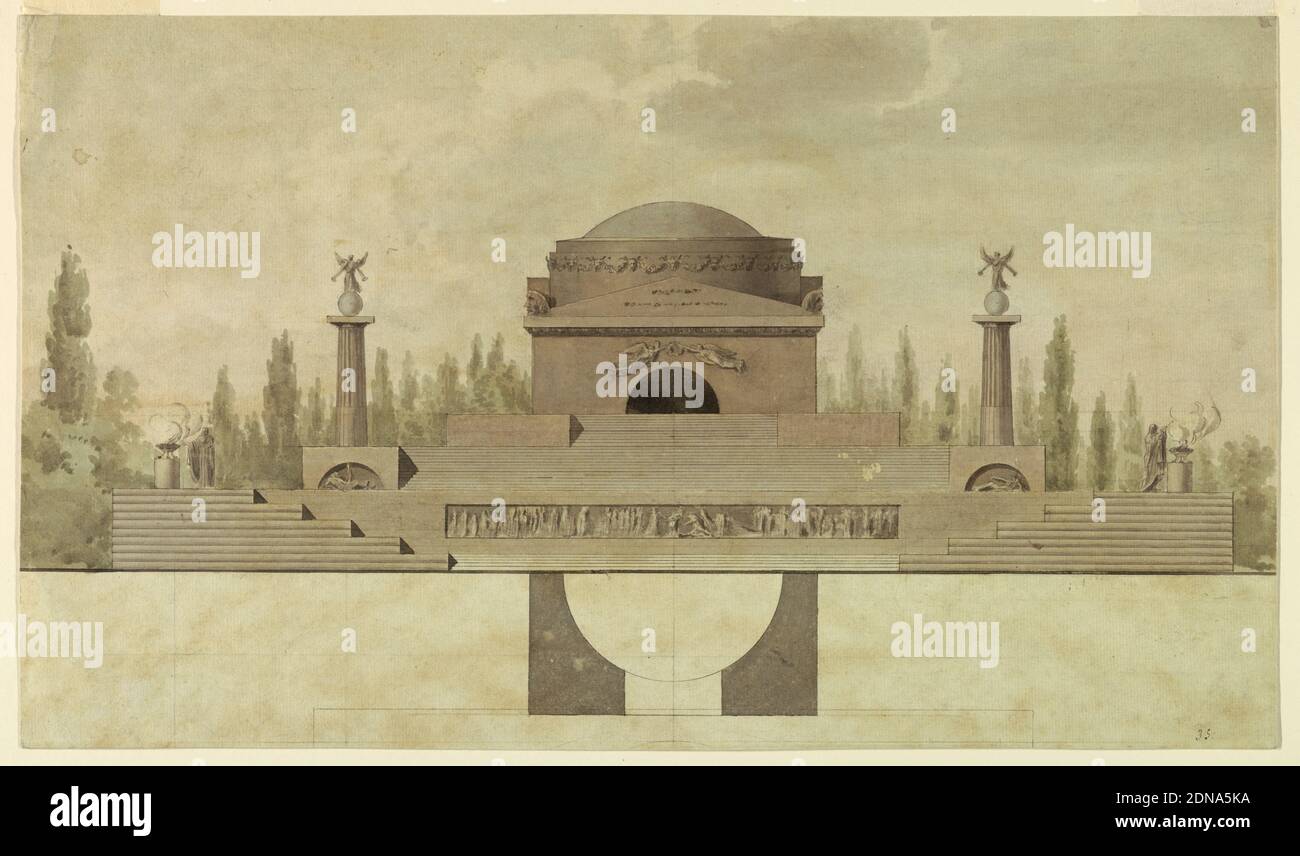 Projet pour un monument de Sépulchral (mausolée), stylo et encre noire, pinceau et gris, vert, bleu et brun, craie noire sur papier, doublé, conception pour un monument de sépulchral. La feuille est divisée en deux parties. La partie supérieure représente l'élévation d'un bâtiment en dôme/voûté, placé sur une plate-forme multi-niveaux. Des escaliers mènent au bâtiment (situé au troisième étage). Au deuxième niveau, deux colonnes cannelées se tiennent de chaque côté du bâtiment. Ils sont renversés avec des figures debout sur des sphères. Au premier niveau de la plate-forme, il y a deux statues Banque D'Images