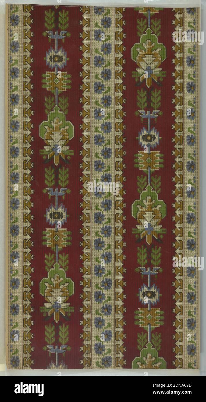 Flanc, papier imprimé à la machine, style indien du Sud-Ouest. Larges bandes florales bleues alternées et bandes florales géométriques. Arrière-plan de tirets et de points horizontaux blancs et noirs. Non mis à la terre. Imprimé en bleu, vert, jaune, rouge, noir et blanc., États-Unis, 1905–1915, revêtements muraux, flanc Banque D'Images