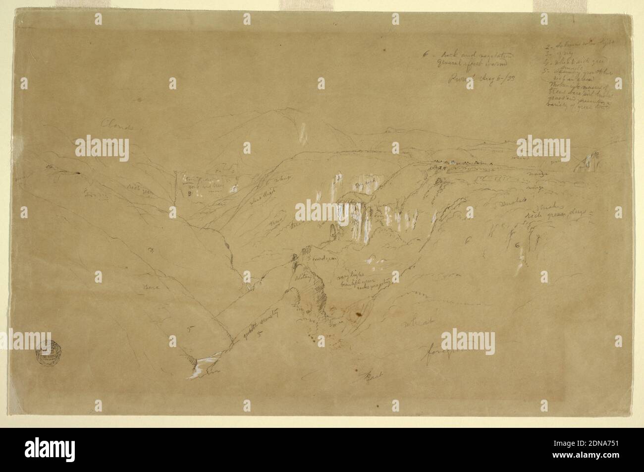Paysage avec le Mont Purese, Colombie, église Frédéric Edwin, américaine, 1826–1900, graphite, pinceau et gouache blanc oxydé sur papier de couleur rouge., vue horizontale montrant les rives d'une vallée profondément coupée menant vers l'arrière à gauche et un plateau à droite, avec un village au milieu de la distance, Comme la montagne s'élève au centre, à l'arrière., 6 août 1853, paysages, dessin Banque D'Images Paysage avec le Mont Purese, Colombie, église Frédéric Edwin, américaine, 1826–1900, graphite, pinceau et gouache blanc oxydé sur papier de couleur rouge., vue horizontale montrant les rives d'une vallée profondément coupée menant vers l'arrière à gauche et un plateau à droite, avec un village au milieu de la distance, Comme la montagne s'élève au centre, à l'arrière., 6 août 1853, paysages, dessin Banque D'Images