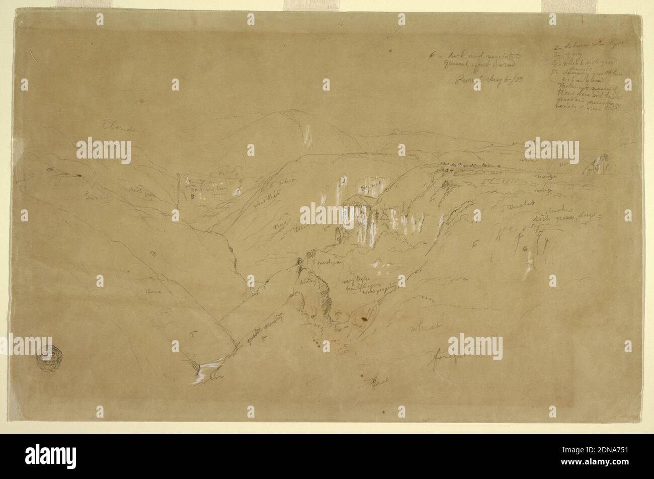 Paysage avec le Mont Purese, Colombie, église Frédéric Edwin, américaine, 1826–1900, graphite, pinceau et gouache blanc oxydé sur papier de couleur rouge., vue horizontale montrant les rives d'une vallée profondément coupée menant vers l'arrière à gauche et un plateau à droite, avec un village au milieu de la distance, Comme la montagne s'élève au centre, à l'arrière., 6 août 1853, paysages, dessin Banque D'Images