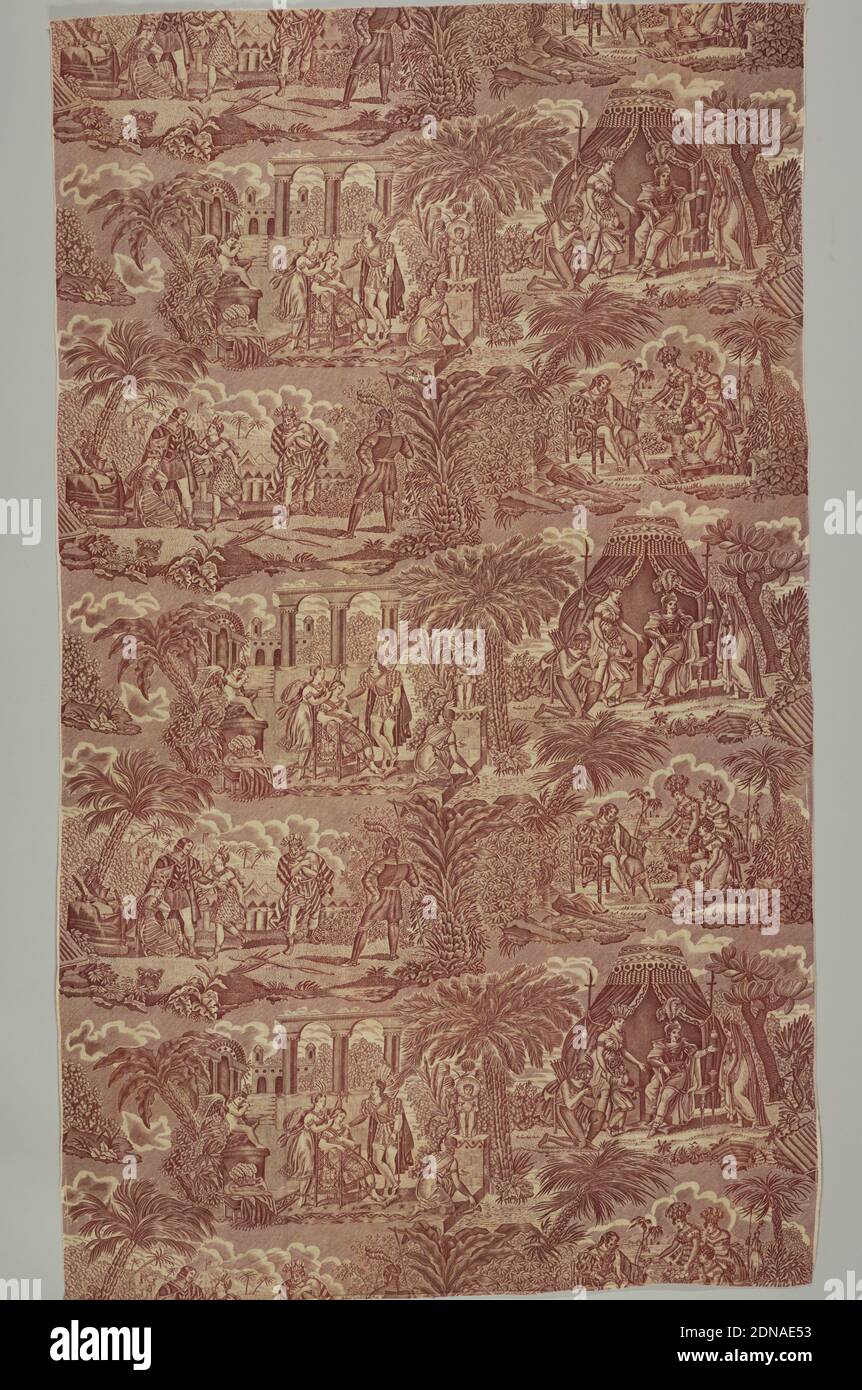 Cortes, Medium: Cotton technique: Plaque imprimée sur un tissage Uni, quatre scènes différentes montrant les Européens dans une culture d'Amérique centrale. Un cupidon surplombe une scène. En marron sur blanc., Bolbec, Normandie, France, ca. 1815, textiles imprimés, teints et peints, textile, textile Banque D'Images