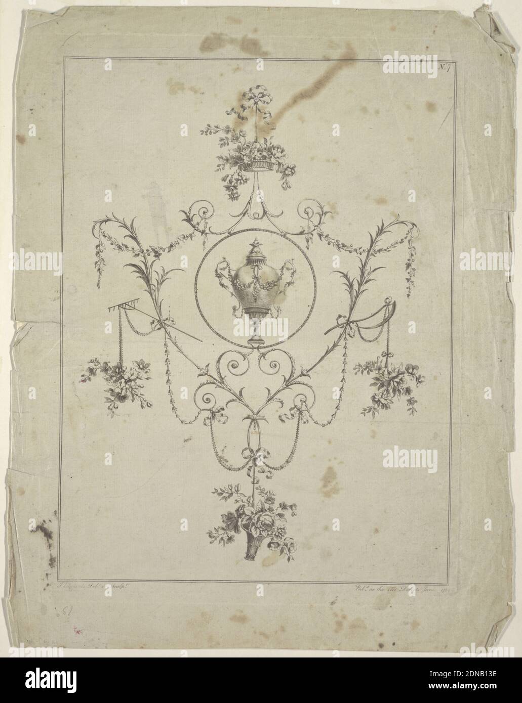 Ornement, John Edwards, Aquatint, #7 d'un ensemble. Un médaillon circulaire avec une urne est entouré de motifs floraux. Les paniers à fleurs sont suspendus par des supports en haut et en bas, et les branches de fleurs des outils agricoles latéralement. Coin supérieur droit : N° 7. Deux lignes de cadrage. Marge inférieure: J. Edwards Déf. Et sculpt; Pub,d comme l'art dirige juin 1784, Angleterre, 1784, ornement, impression Banque D'Images