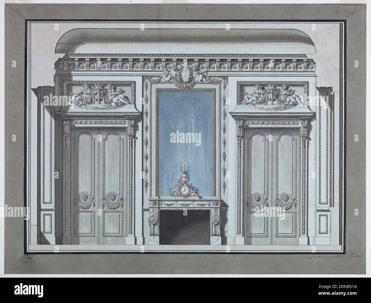 Élévation murale pour un salon avec une cheminée, stylo et encre noire, pinceau et aquarelle rose et bleue sur papier, UNE cheminée est flanquée de deux portes pliantes fermées. Une pièce de temps combinée et un support de bougie se tient sur le manteau. Une fille et un enfant sont assis à côté du cadran. Écrit à l'encre, encadrement inférieur: 'GLT' à gauche. 'sallon' centre; 'compose et dessine par Gustave Taraval architectural/ inspecteur des Batimens du Roy.', France, ca. 1785, architecture, intérieurs, dessin Banque D'Images