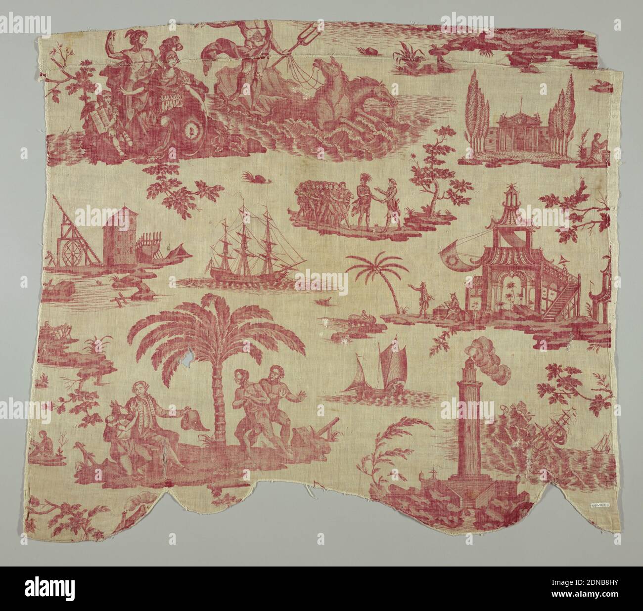 Neptune ou la maitrise de la mer (Neptune ou la maîtrise de la Mer), Petitpierre et Cie, (Nantes, France, 1770–1848), Moyen: Coton technique: Imprimé par une plaque de cuivre gravée sur un armure; rouge, deux fragments de Valence (b est piqué). Imprimé en cuivre rouge. Design connu sous le nom de « Neptune on l'Empire des Mers ». Montre différentes scènes individuelles: Un grand phare, un européen et trois Indiens sous un palmier; A) montre Neptune (moins la tête) étant tiré par la mer sur un char par des chevaux. La tête de Neptune se trouve sur B. A et B ensemble faire une répétition (voir photo). Une chinoiserie est également illustrée Banque D'Images