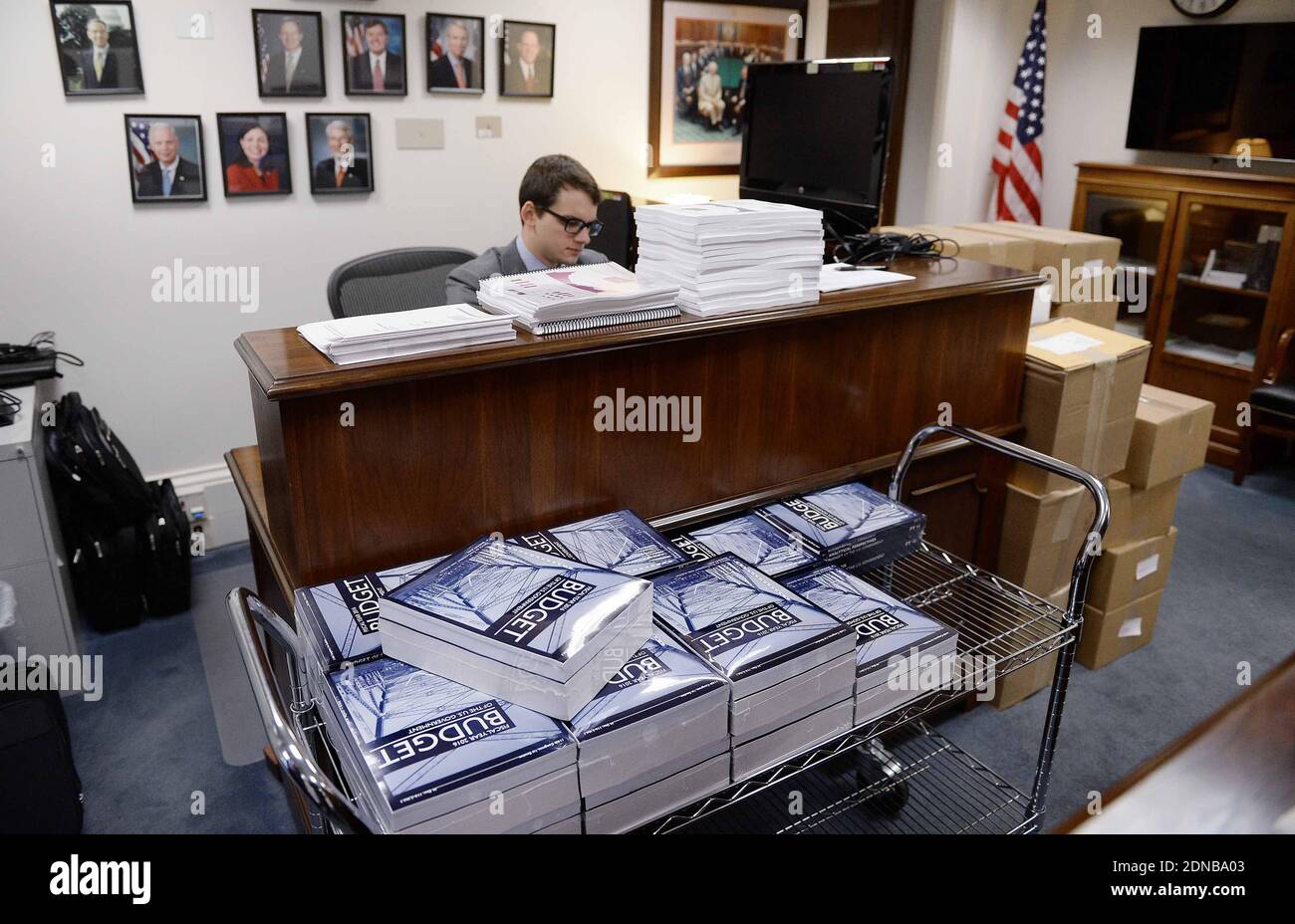 Des copies du budget de l'année fiscale 2016 du président américain Barack Obama siègent sur une table à la salle du Comité du budget du Sénat à Washington, DC, USA, le lundi 2 février 2015. Photo par Olivier Douliery/ABACAPRESS.COM Banque D'Images