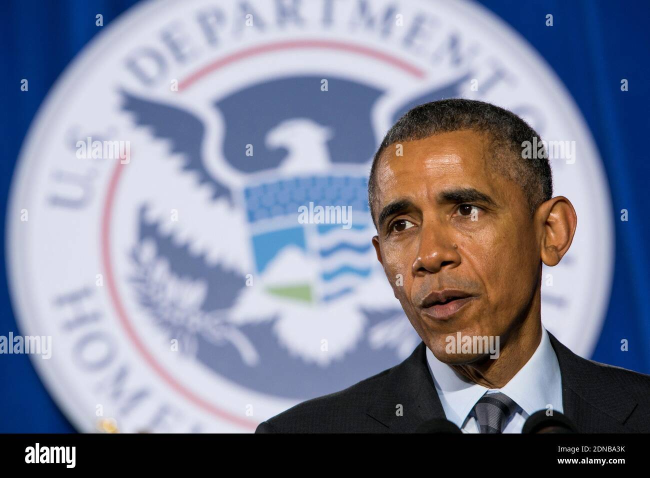 Le président Barack Obama prononce un discours sur le budget de l'exercice 2016 au Département de la sécurité intérieure à Washington, DC, Etats-Unis, le 2 février 2015. Photo de Kristoffer Tripplaar/Pool/ABACAPRESS.COM Banque D'Images