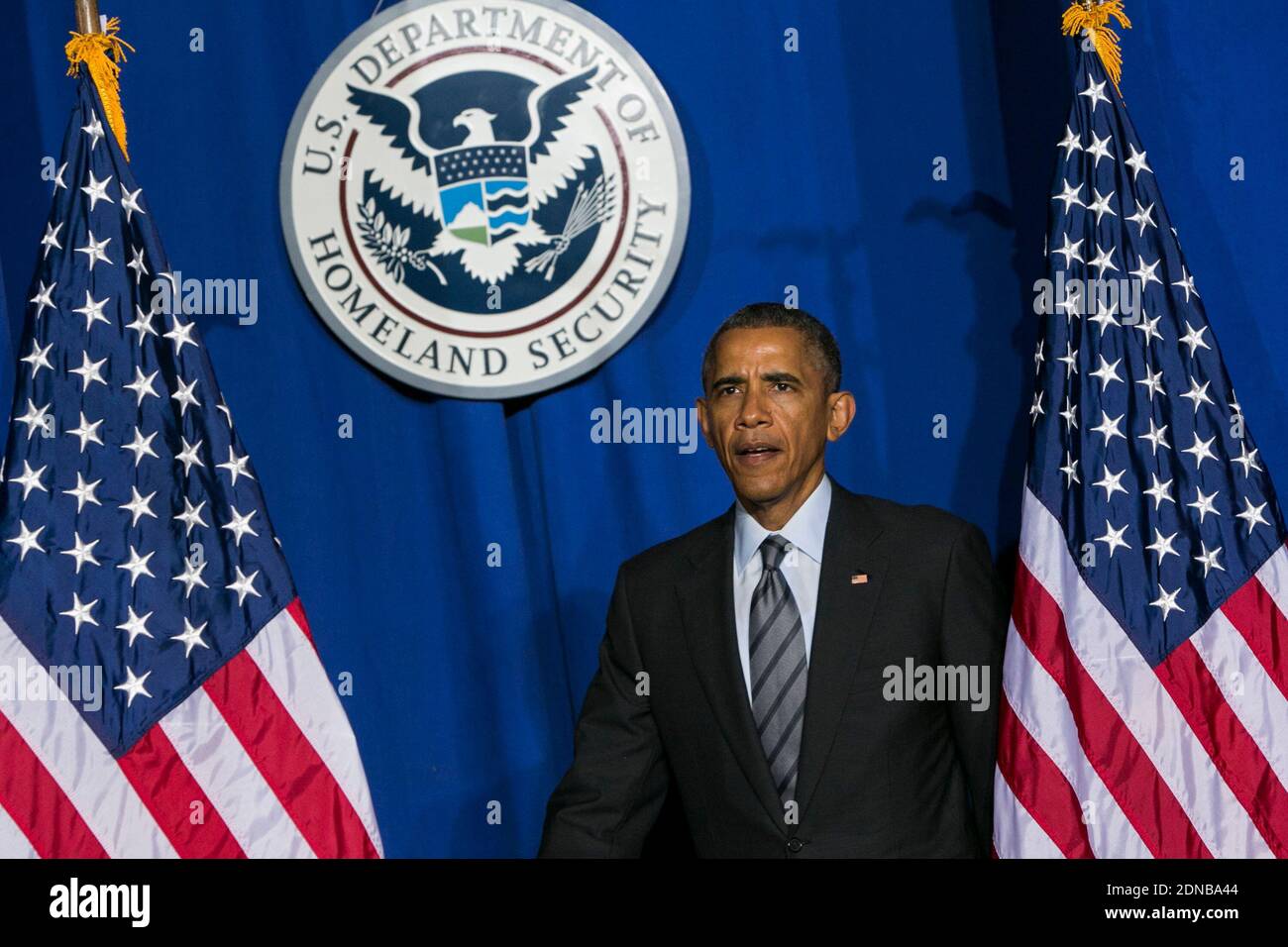 Le président Barack Obama prononce un discours sur le budget de l'exercice 2016 au Département de la sécurité intérieure à Washington, DC, Etats-Unis, le 2 février 2015. Photo de Kristoffer Tripplaar/Pool/ABACAPRESS.COM Banque D'Images