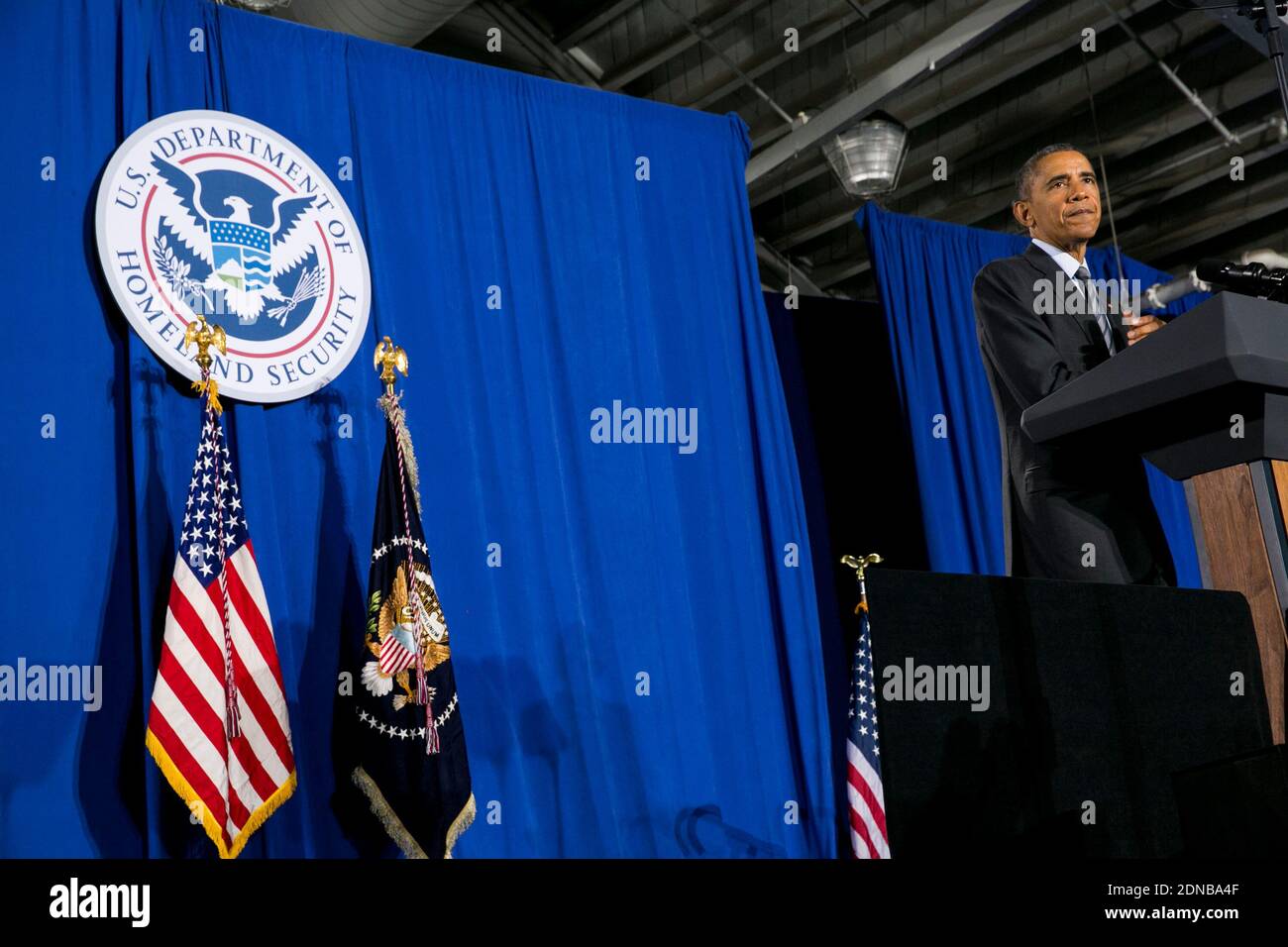 Le président Barack Obama prononce un discours sur le budget de l'exercice 2016 au Département de la sécurité intérieure à Washington, DC, Etats-Unis, le 2 février 2015. Photo de Kristoffer Tripplaar/Pool/ABACAPRESS.COM Banque D'Images
