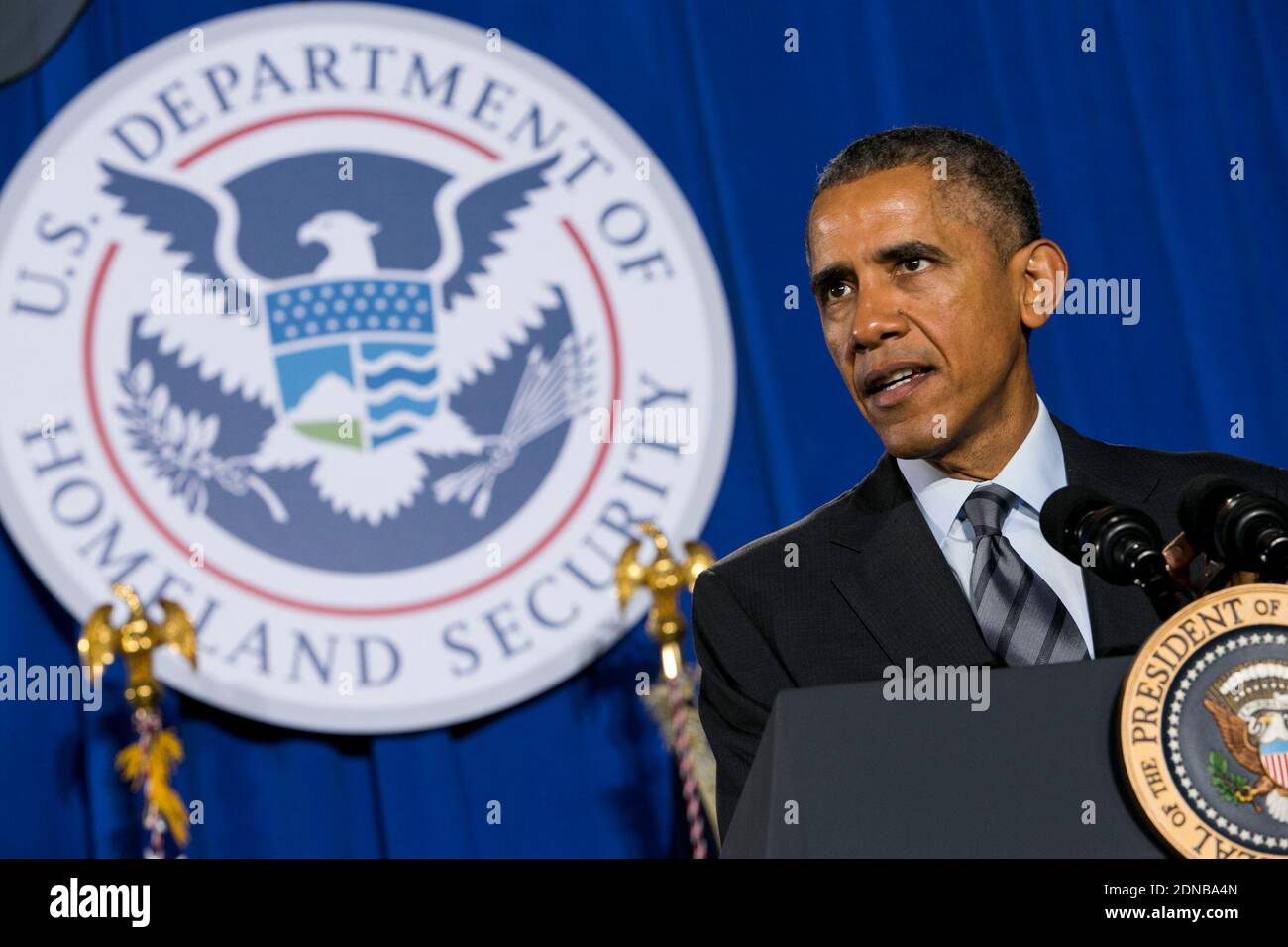 Le président Barack Obama prononce un discours sur le budget de l'exercice 2016 au Département de la sécurité intérieure à Washington, DC, Etats-Unis, le 2 février 2015. Photo de Kristoffer Tripplaar/Pool/ABACAPRESS.COM Banque D'Images