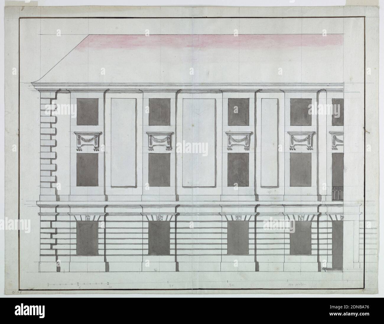 Élévation de la section d'une façade d'un petit palais, plume et encre avec des bains d'encre et de rose, rectangle horizontal. Façade à trois étages avec fenêtres séparées verticalement par des panneaux borgnes au-dessus d'un rez-de-chaussée rustiqué. Porte, extrême droite. Partie gauche de la façade uniquement. Lignes de cadrage d'encre, France, env. 1750, dessin Banque D'Images