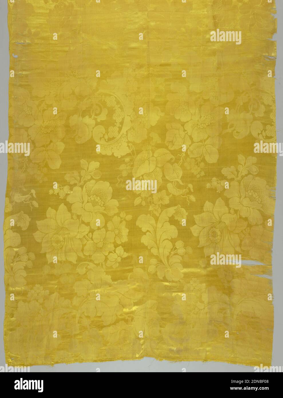 Textile, moyenne : soie technique : Damas, satin 7&1, jaune, motif à grande échelle avec de grandes fleurs y compris les jonquilles., Angleterre, 1850–1880, textiles tissés, textile Banque D'Images