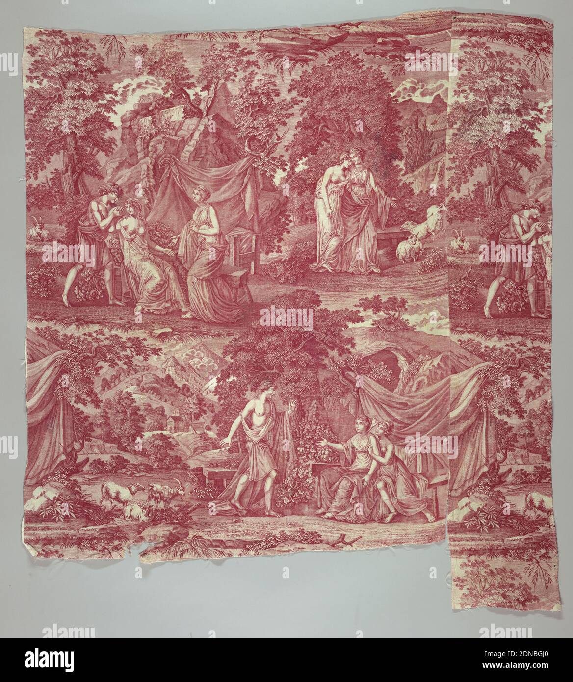 Textile, Moyen: Coton technique: Imprimé par plaque gravée sur le tissage Uni, deux femmes et un homme, tous en robe classique dans un cadre pastoral. En rouge sur blanc., France, env. 1800, textiles imprimés, teints et peints, textile Banque D'Images