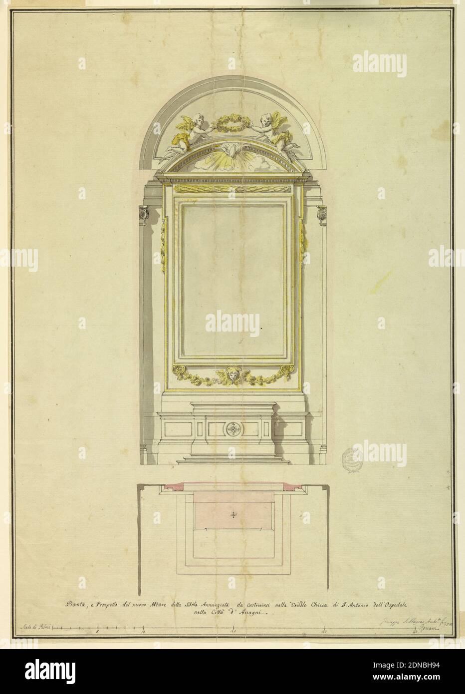 Projet pour un autel de l'Annonciation pour S. Antonio dell'Ospedale à Anagni, Giuseppe Subleyras, Italien, 1745 – 1819, crayon, stylo, et encre noire avec rose, jaune et noir eaux de couleur lavages sur papier, Rome, Italie, 1780, architecture, dessin Banque D'Images