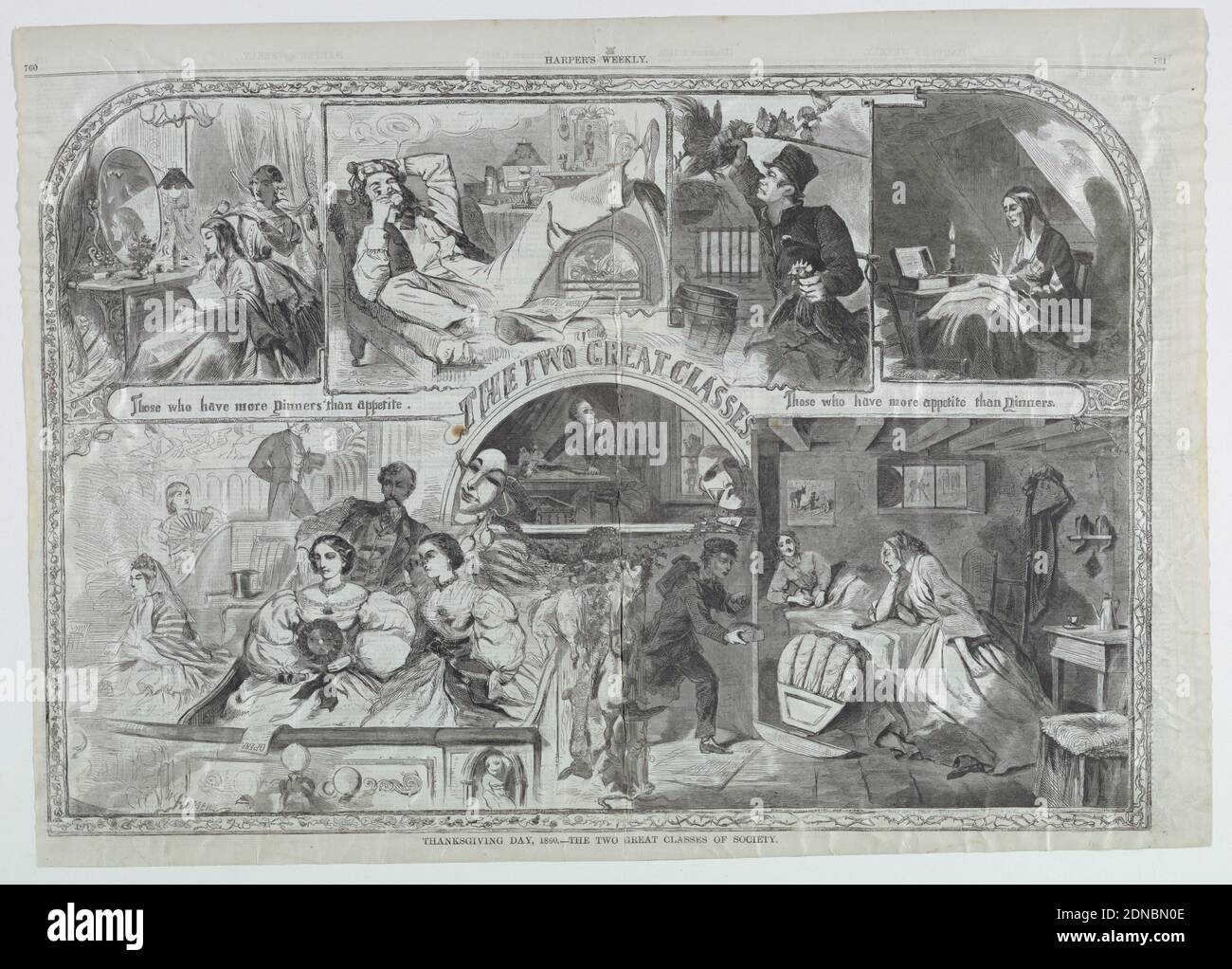 Thanksgiving Day, 1860 - The Two Great classes of Society, de Harper's Weekly, IV, 1 décembre 1860, pp. 760-761., Winslow Homer, American, 1836–1910, gravure de bois à l'encre noire sur papier journal, Vue horizontale contenant une série de huit vignettes dont le titre apparaît au-dessus d'une arche au centre de la composition., 1 décembre 1860, graphisme, Imprimer Banque D'Images