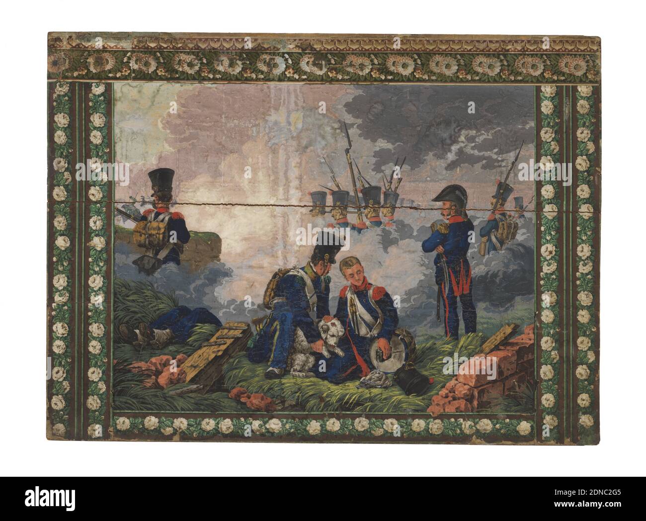 Le chien du Regiment, Zuber & Cie, Rixheim, Alsace, France, fondée en 1797, papier à imprimé en bloc, à face de bois, couleurs de distribution, rectangle horizontal. Scène de bataille, dans le style de Horace Vernet. Au premier plan, deux fantassins assistant un chien blessé. À gauche, jambes d'un soldat mort, à droite, mur en ruines. Dans le deuxième avion, à gauche, soldat debout; au centre, têtes et bayonets de quatre soldats vus au-dessus de nuages de fumée, avec d'autres têtes faiblement indiquées en arrière-plan., Rixheim, Alsace, France, 1805–1830, Wallcovers, Firescreen Banque D'Images Le chien du Regiment, Zuber & Cie, Rixheim, Alsace, France, fondée en 1797, papier à imprimé en bloc, à face de bois, couleurs de distribution, rectangle horizontal. Scène de bataille, dans le style de Horace Vernet. Au premier plan, deux fantassins assistant un chien blessé. À gauche, jambes d'un soldat mort, à droite, mur en ruines. Dans le deuxième avion, à gauche, soldat debout; au centre, têtes et bayonets de quatre soldats vus au-dessus de nuages de fumée, avec d'autres têtes faiblement indiquées en arrière-plan., Rixheim, Alsace, France, 1805–1830, Wallcovers, Firescreen Banque D'Images