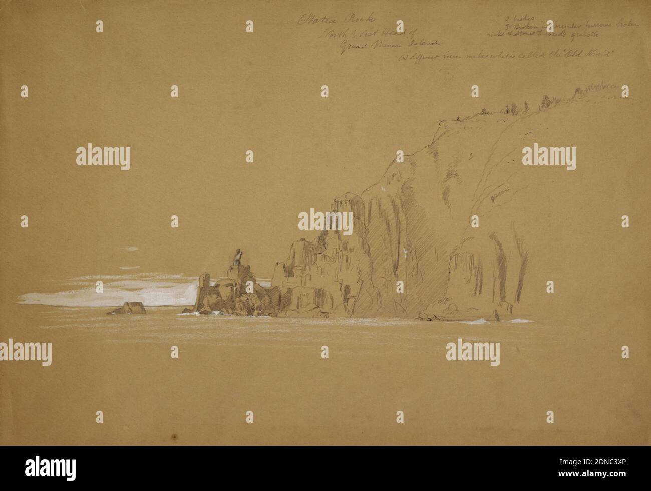 Île Grand Manan, Graphite, Gouache sur papier brun clair, Etats-Unis, septembre 1851, paysages, dessin Banque D'Images