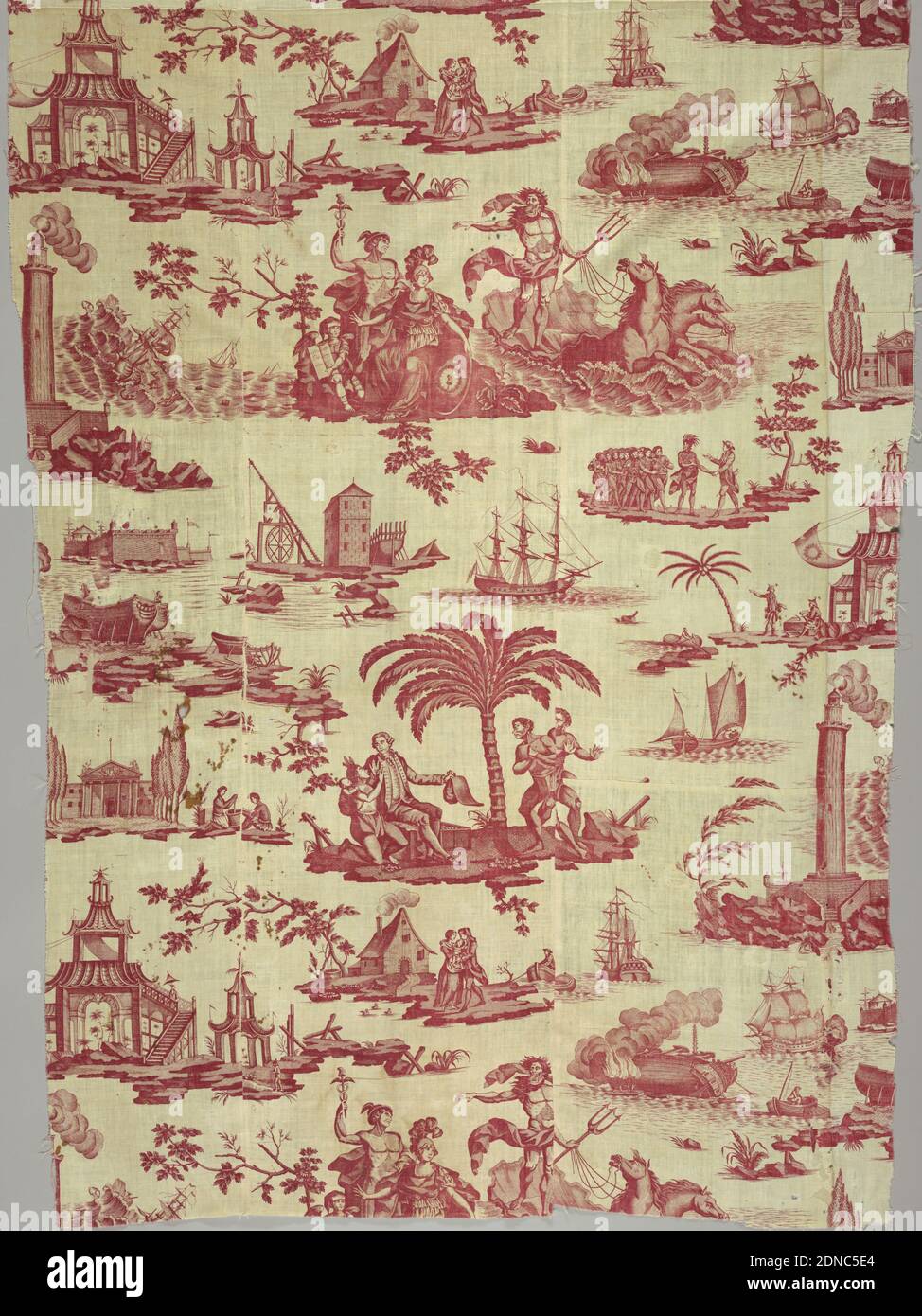 Neptune, ou la maitrise des mères (Neptune ou la maîtrise de la mer), Moyen: Coton technique: Imprimé par une plaque de cuivre gravée sur un armure Uni, assortiment de scènes maritimes et patriotiques ainsi qu'un pavillon chinois. Neptune dans un char donne des ordres à Mercury et Pallas Athena. Un enfant tenant un livre intitulé « Nouvelle Loi » (nouvelle Loi) se trouve à côté d'eux. Il y a une scène qui semble accorder la liberté à trois esclaves, ce qui pourrait coïncider avec la première abolition de l'esclavage en 1794. En rouge sur blanc., France, env. 1795, textiles imprimés, teints et peints, textile Banque D'Images