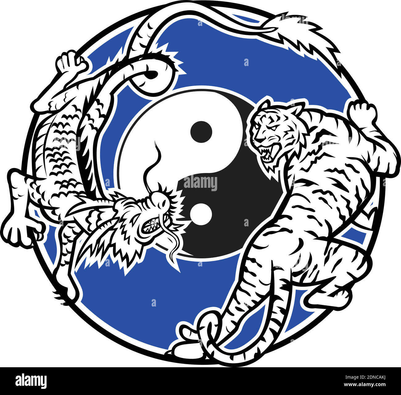 Icône mascotte illustration d'un tigre et dragon chinois stacking et lutte avec le symbole yin yang au milieu du cercle intérieur sur fond isolé i Illustration de Vecteur