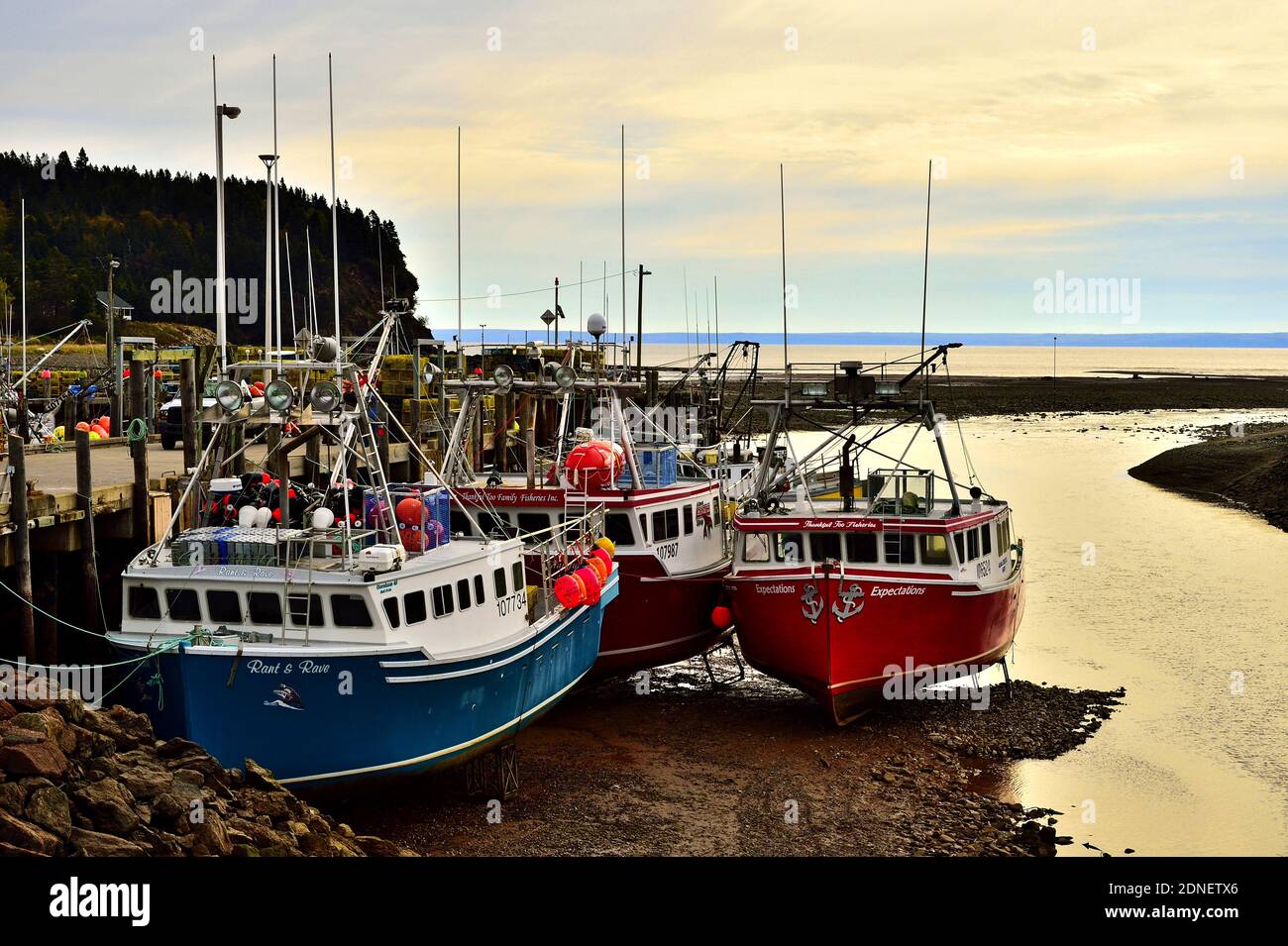 Image horizontale de bateaux de pêche colorés de la côte est reliés au quai d'Alma Nouveau-Brunswick à marée basse. Banque D'Images
