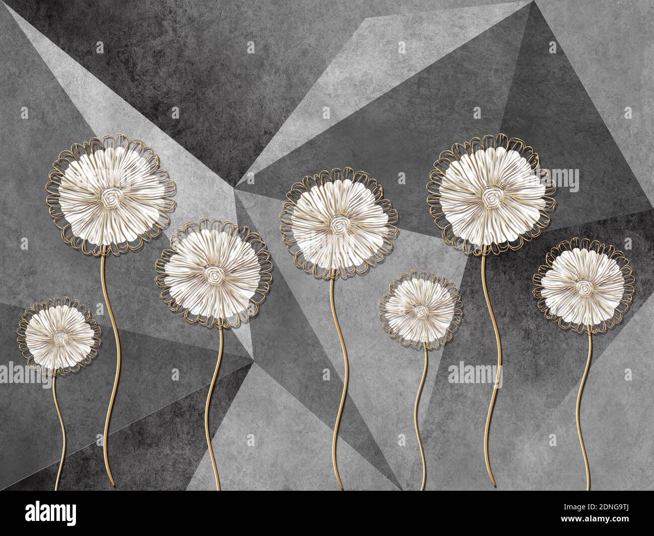 illustration 3d, fond gris composé de triangles, grands pissenlits fabuleux Banque D'Images