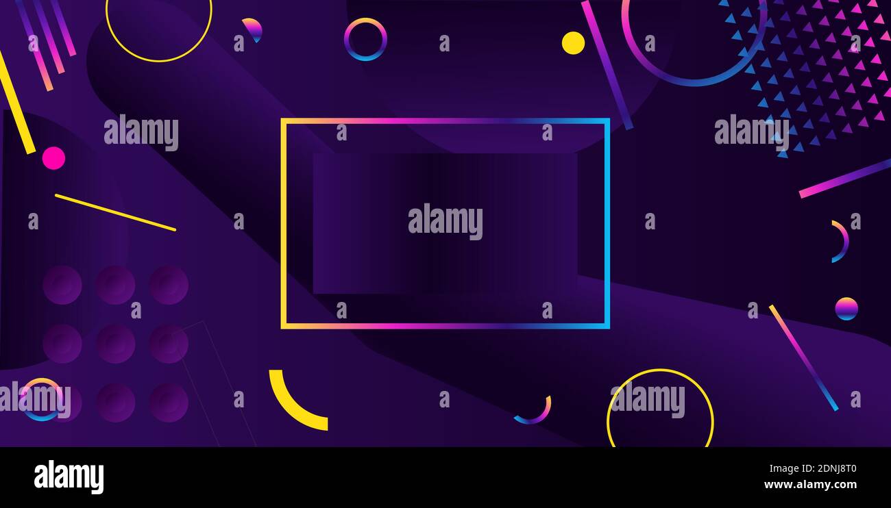 Arrière-plan abstrait dans un style futuriste moderne. Cadre aux formes géométriques chaotiques. Cercles et rayures arc-en-ciel sur fond sombre. Illustration de Vecteur