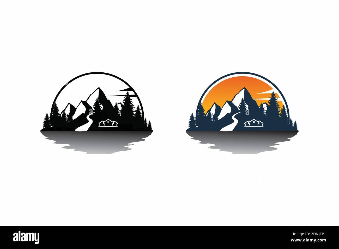 PIN au bord de la rivière avec soleil, symbole d'icône pour le camping ou l'aventure. Illustration de Vecteur