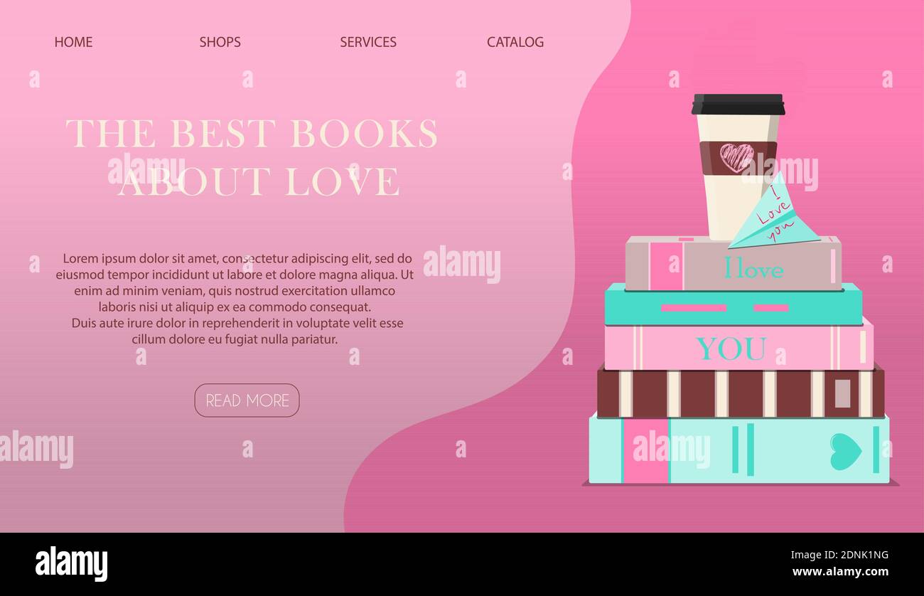 Page de site Web avec un cadeau pour la Saint-Valentin. Photo romantique en rose, turquoise et rouge. Stockez avec des cadeaux et des livres pour les vacances de tous les amoureux. Illustration vectorielle pour l'application, le site Web et la bannière publicitaire. Illustration plate sur fond de bois. Image pour les vacances. Illustration de Vecteur