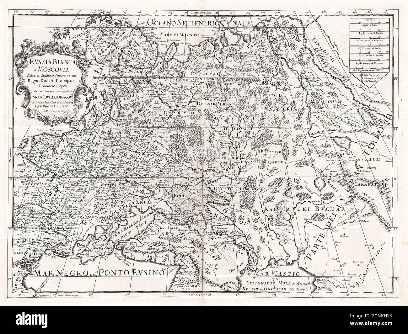 Carte de la Russie au XVIIe siècle - 'Russie Bianca o Moscovia'. Carte de la partie orientale de l'Europe (Ukraine, Crimée, Caucase, Russie, Lituanie, Pologne). Carte de 1688. Banque D'Images