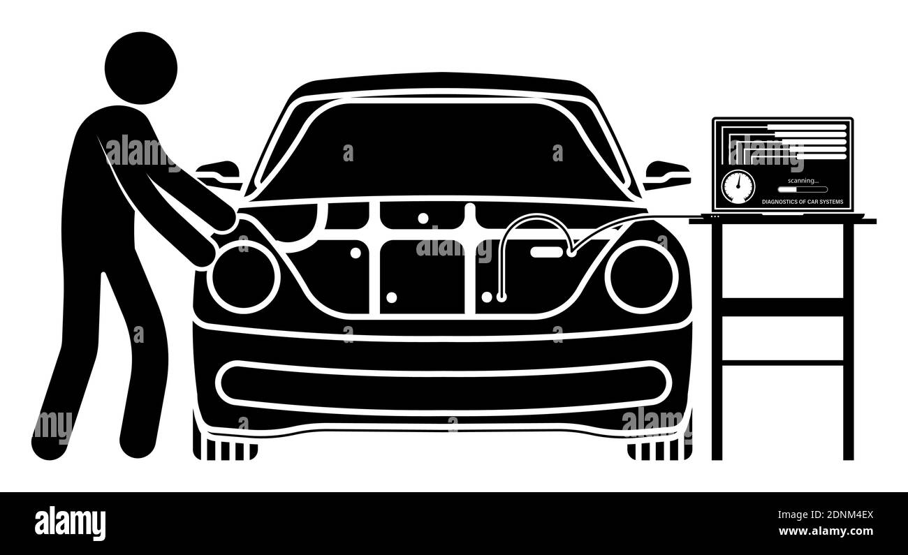 l'homme du bâton, le réparateur utilisant l'ordinateur portable vérifie la facilité d'entretien de la voiture. Diagnostics informatiques de systèmes automobiles avec programmes spéciaux. Service dans le centre de service. Illustration de Vecteur