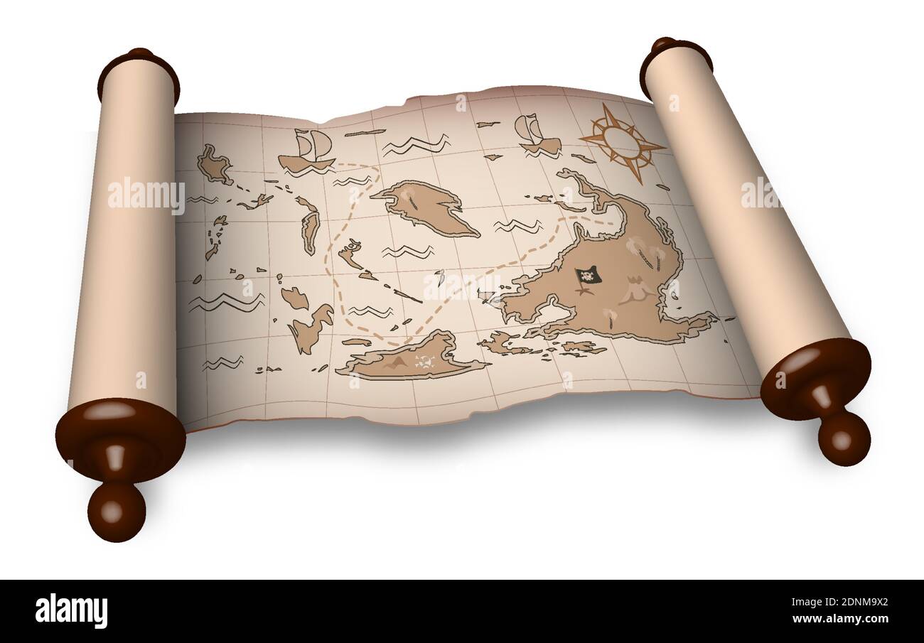 Ancien Rouleau Avec Carte De Pirate Dans Le Style De Dessin Anime Jeux Pour Enfants Chasse Au Tresor Ancienne Carte Avec Itineraire De Chasse Au Tresor Vecteur Image Vectorielle Stock Alamy
